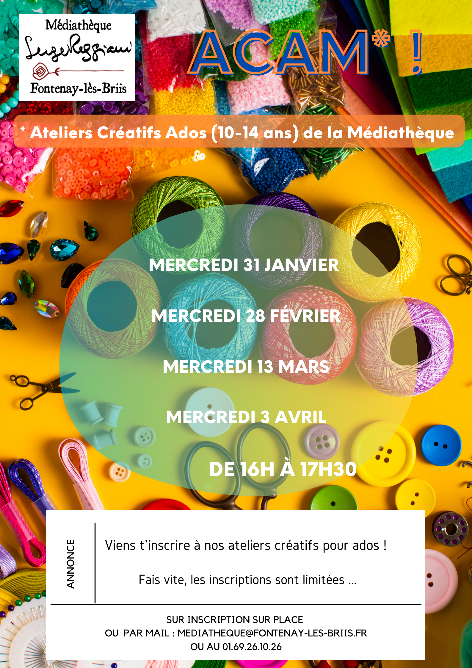 ACAM Ateliers Créatifs Ados (10-14 ans) de la Médiathèque