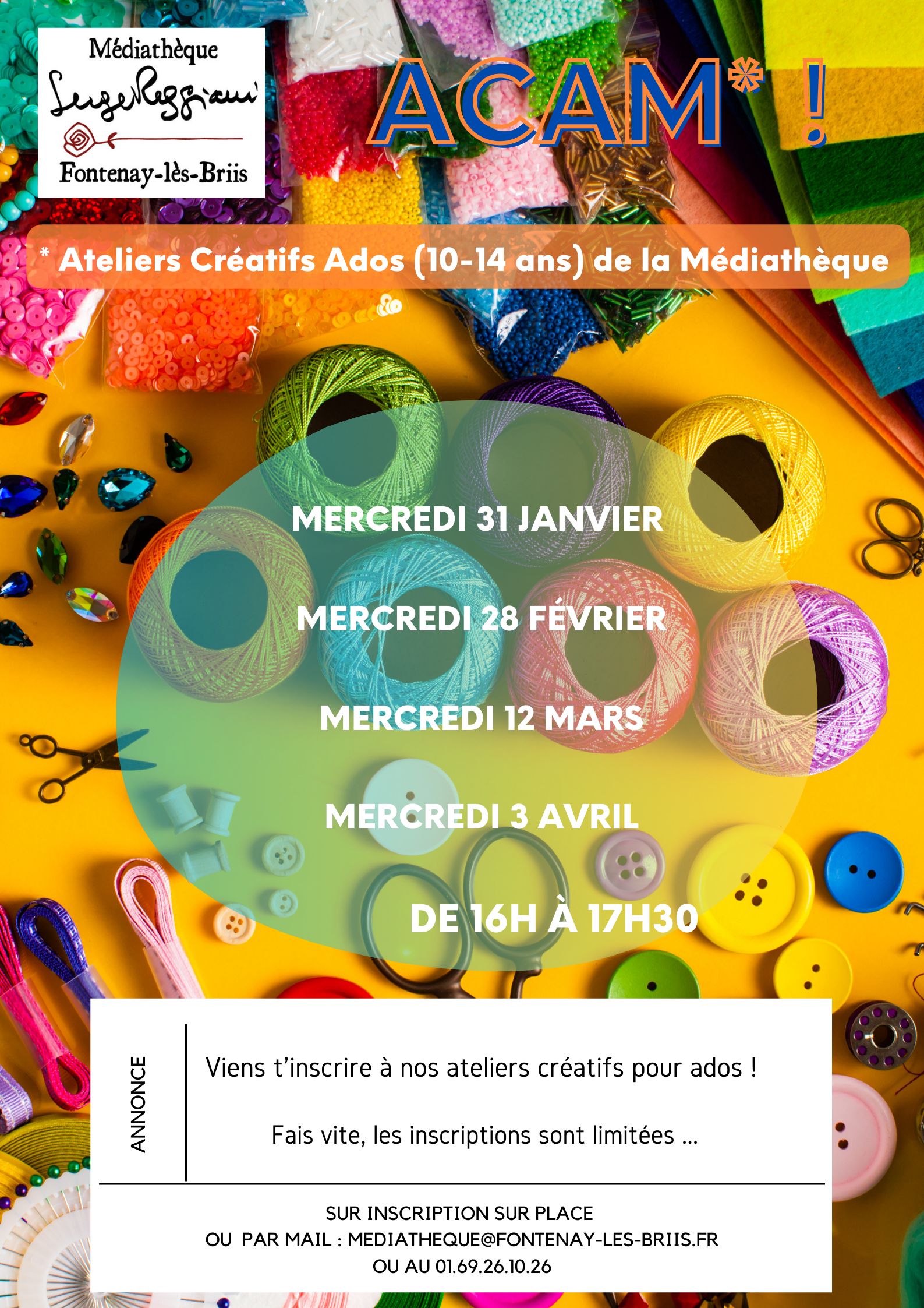 ACAM Ateliers Créatifs Ados (10-14 ans) de la Médiathèque