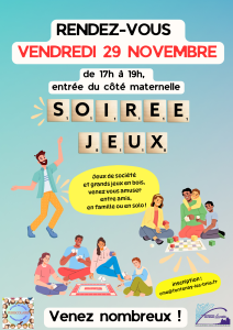 Soirée jeux du périscolaire du vendredi 29 novembre, de 17h à 19h